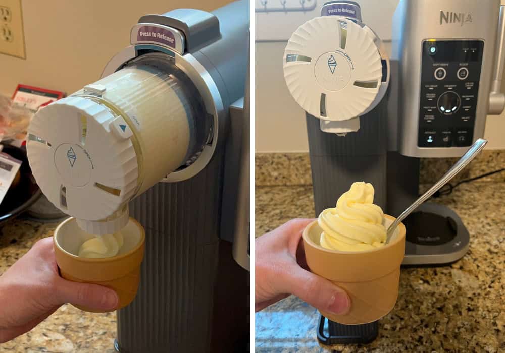 Two photos; one shows the vanilla ice cream being dispensed from the Ninja Creami soft serve dispenser. The other shows the cup of soft serve in front of the Ninja Creami Swirl machine.