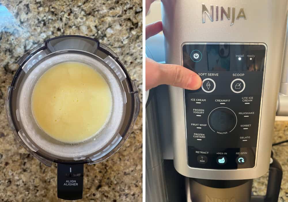 Two photos; one shows frozen vanilla ice cream base; the other shows a finger pointing to the Soft Serve function on the Ninja Creami machine.