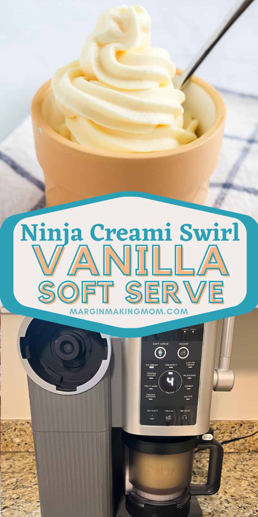 two photos; one shows a dessert cup of Ninja Swirl vanilla soft serve; the other shows a Ninja Swirl by Creami machine with the vanilla ice cream being processed in it.