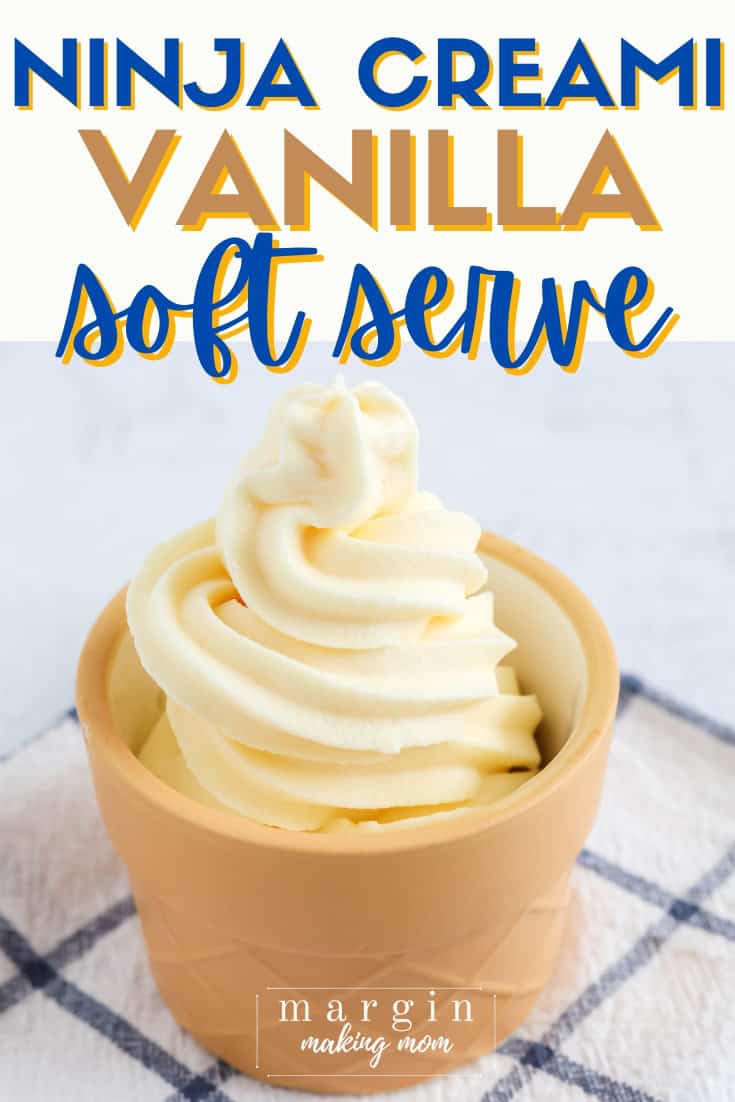 Ninja Creami Swirl vanilla soft serve ice cream is served in a dessert cup shaped like an ice cream cone.