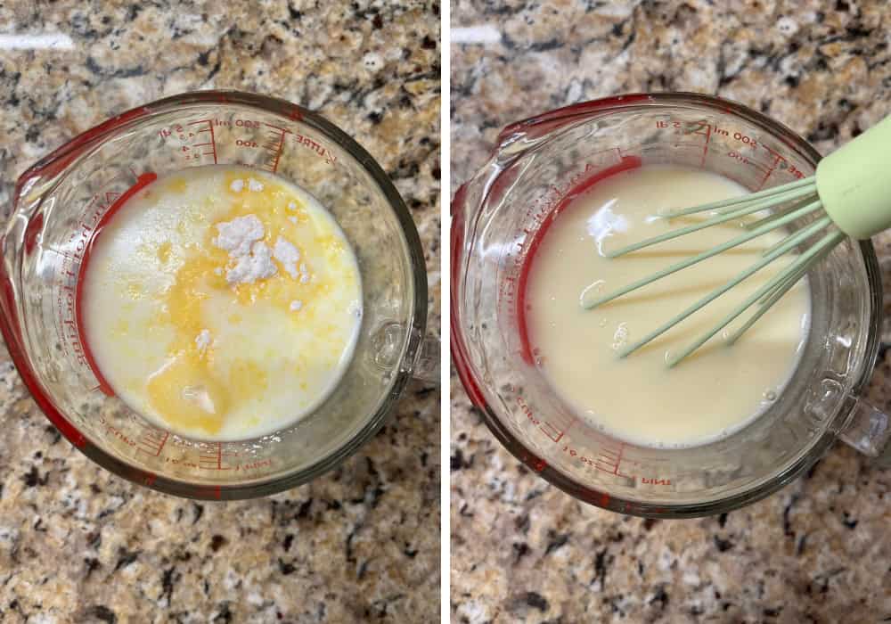 Two photos; one shows milk, vanilla pudding mix, and sugar in a liquid measuring cup. The other shows the mixture combined, with a whisk in it.