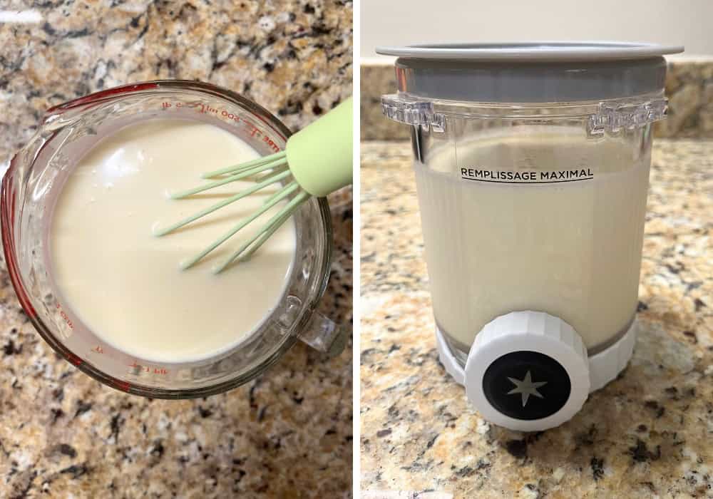two photos; one shows heavy cream and vanilla extract added to ice cream base; the other shows the ice cream base in a Ninja Creami Swirl pint container.