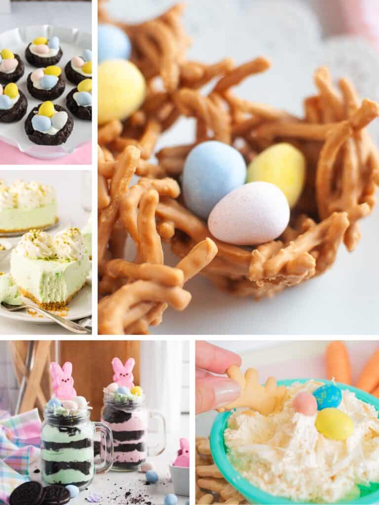 collage image featuring several no bake easter dessert recipes.