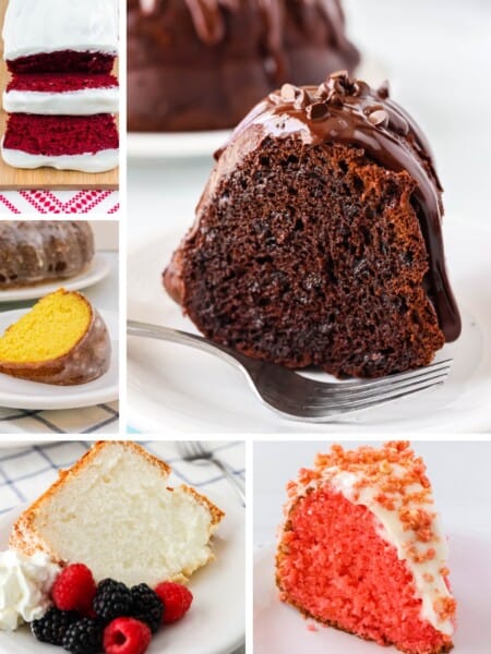 collage image of five photos of cake mix recipes.