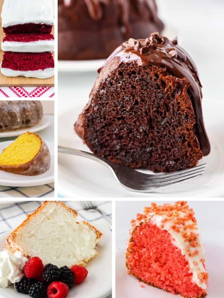 collage image of five photos of cake mix recipes.