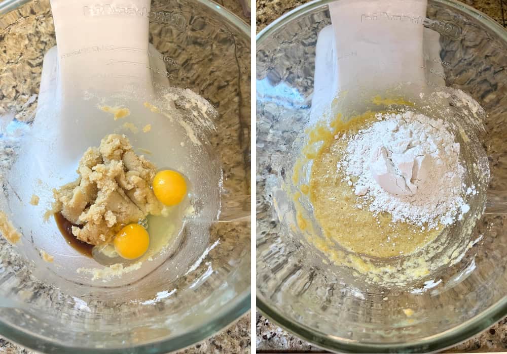 two photos; one shows eggs and vanilla extract added to the mixing bowl; the other shows self-rising flour added to the batter.