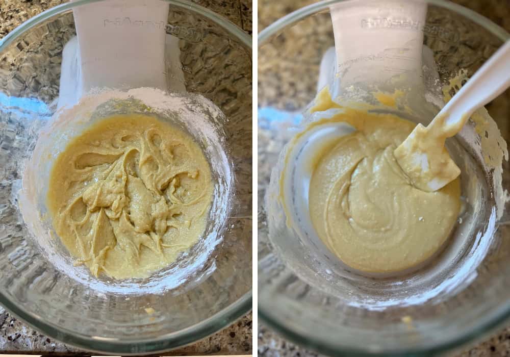 two photos; one shows batter as flour is being added; the other shows the batter after both flour and milk have been added.