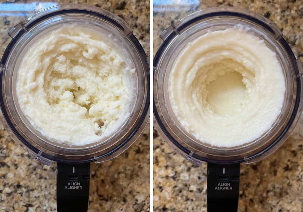 two photos; one shows frozen yogurt after the first spin in the Ninja Creami; the other shows it after a Re-spin cycle, and it's smoother now.