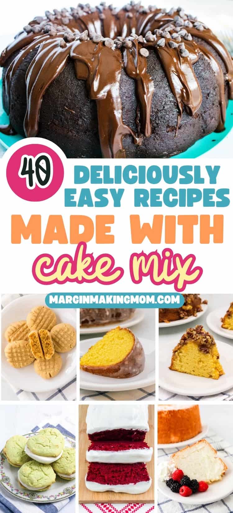 collage image showcasing seven desserts made with cake mix, including cakes, cookies, and quickbreads.