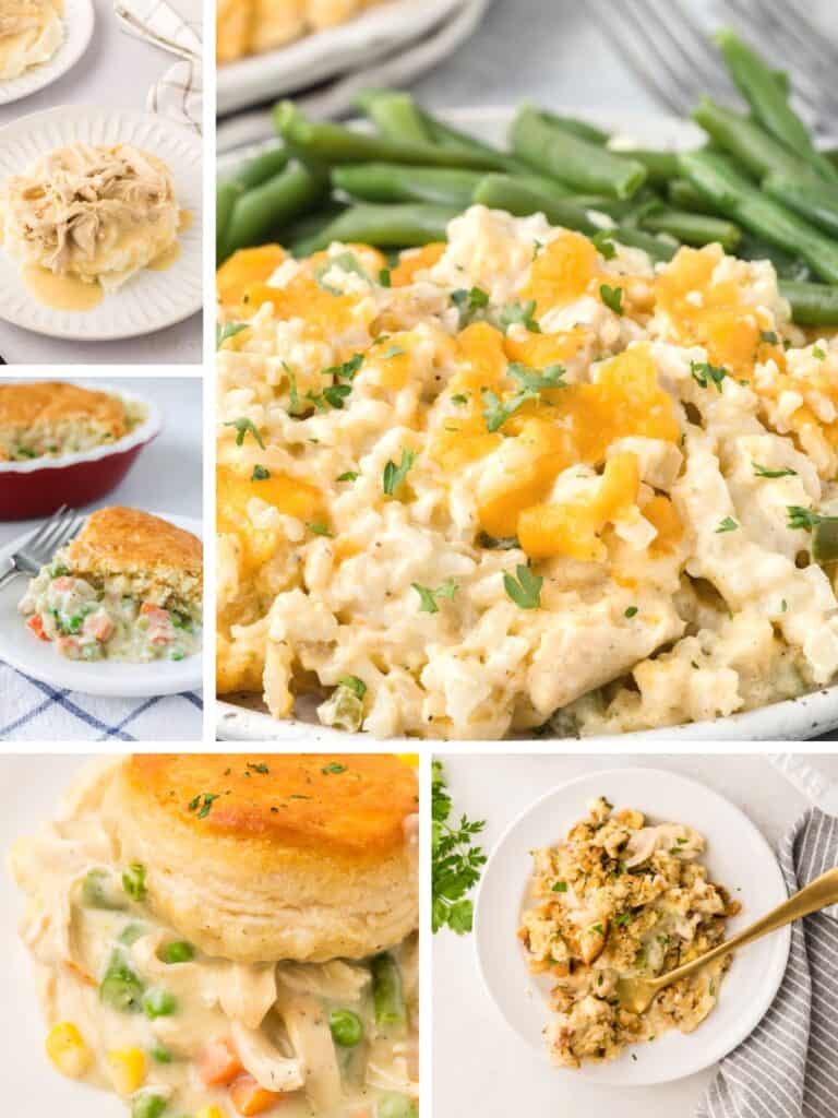 collage image featuring several recipes you can make with rotisserie chicken as easy dinner ideas.