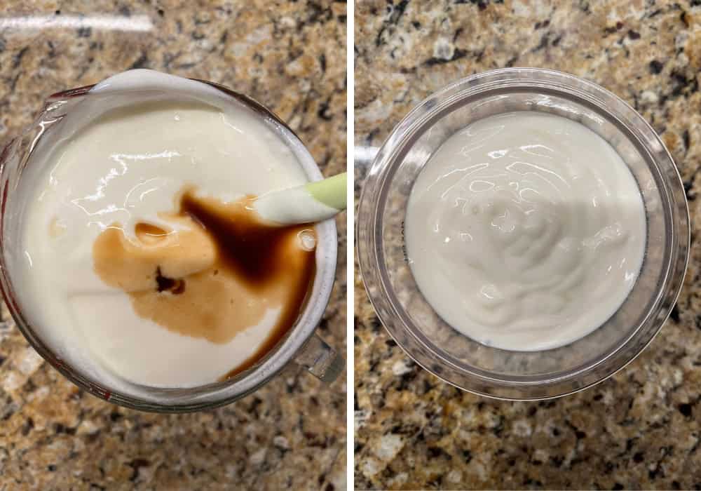 two photos; one shows yogurt, sugar, and vanilla extract in a liquid measuring cup. The other shows the mixture stirred together and poured into a Ninja Creami pint container.