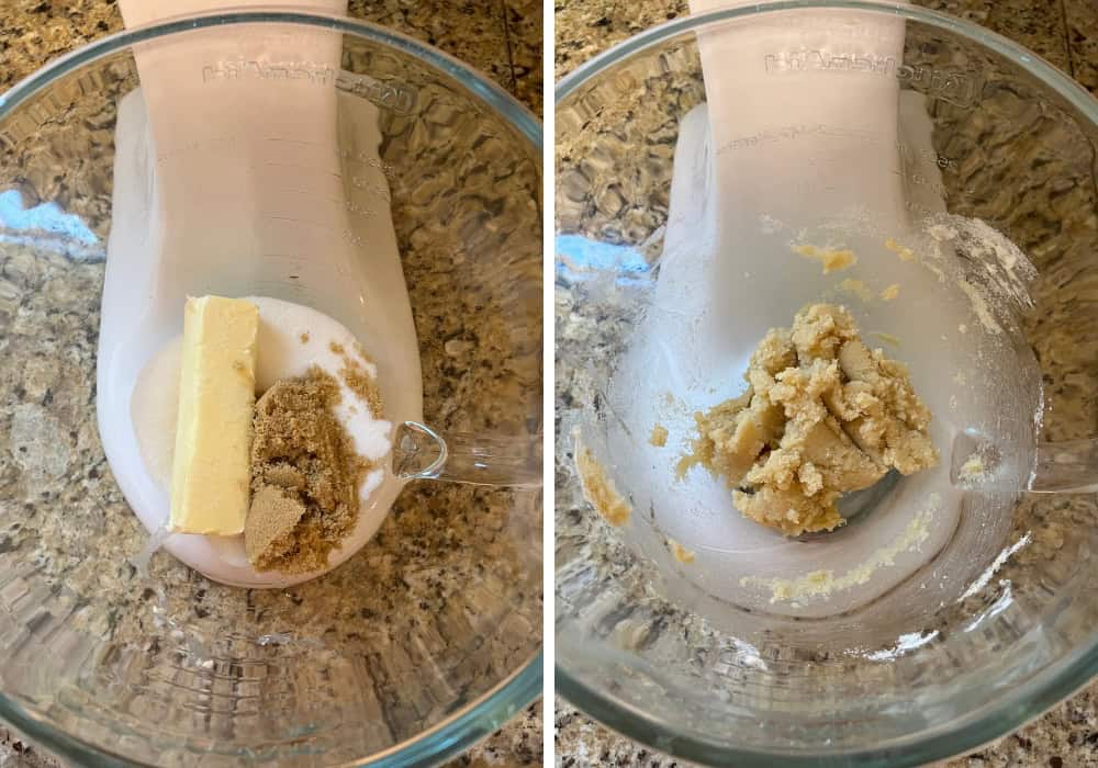 two photos; one shows butter, sugar, and brown sugar in a glass mixing bowl; the other shows those ingredients mixed together.