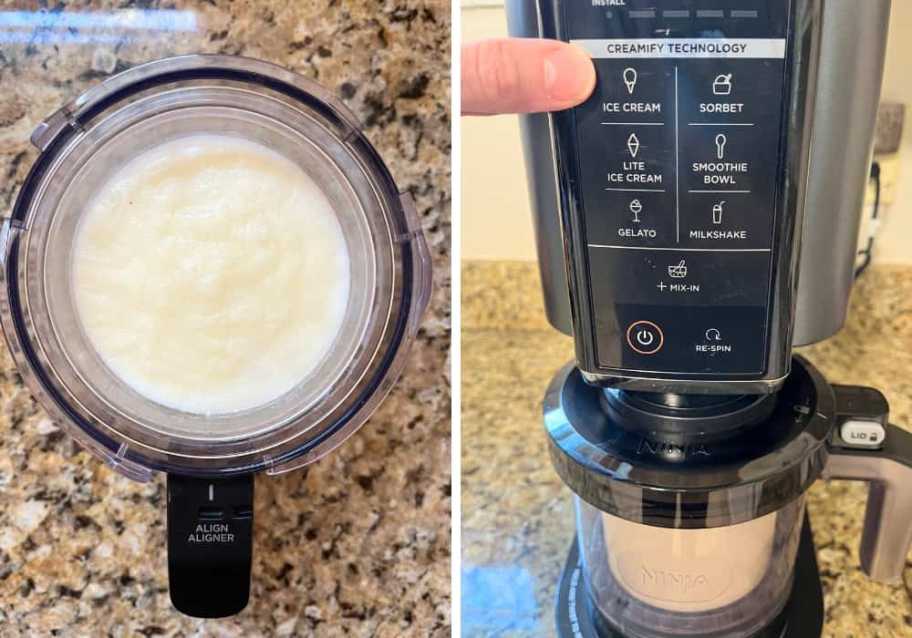 two photos; one shows the base of frozen yogurt before spinning; the other shows it in the Ninja Creami machine, with a finger pointing to the Ice Cream button.