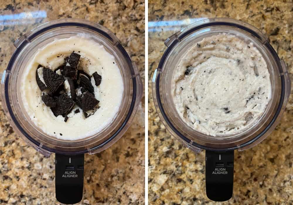 two photos; one shows Oreo cookie pieces added to the frozen yogurt; the other shows the Oreo frozen yogurt after the Mix-in cycle is complete.