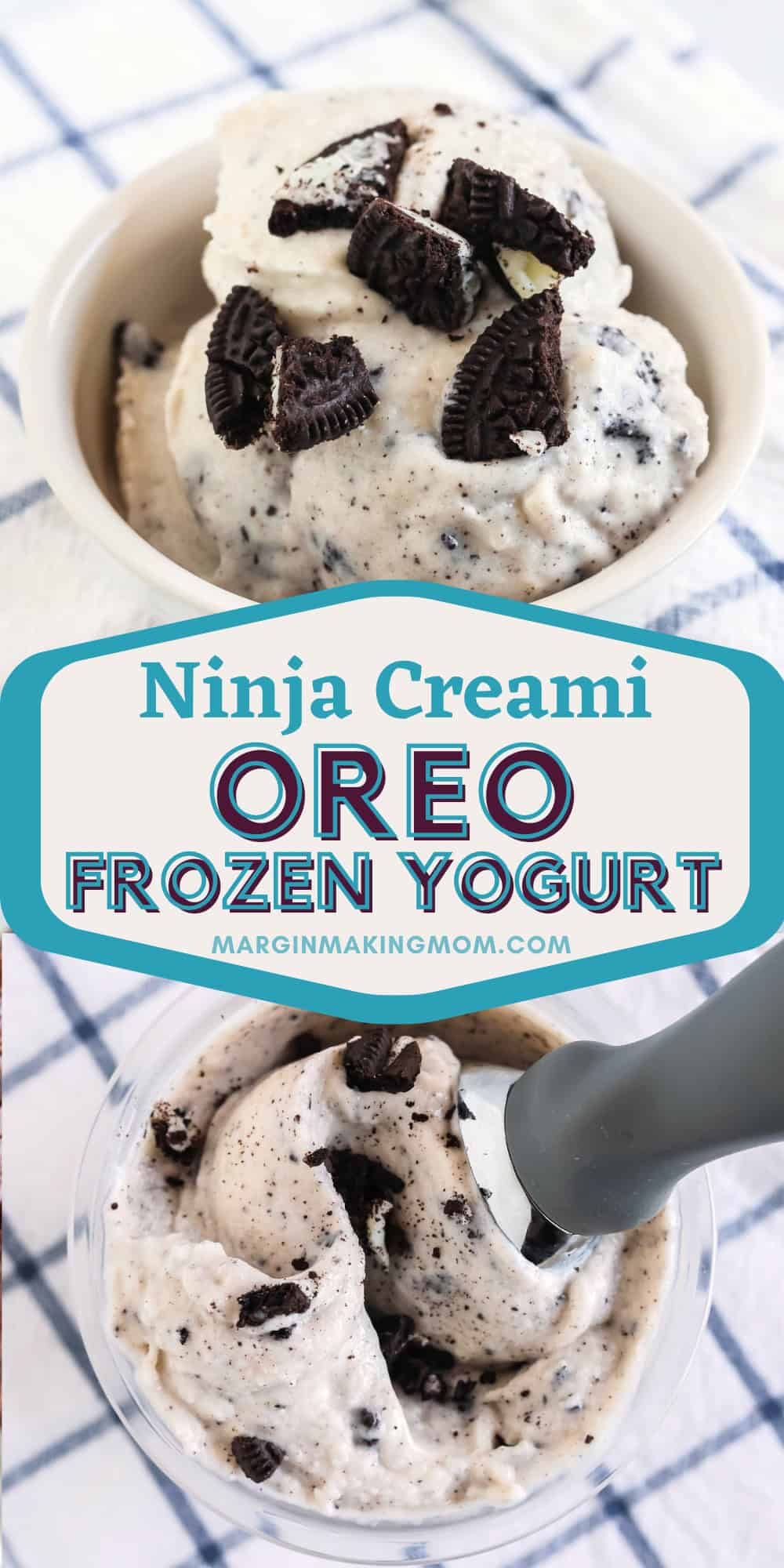 two photos; one shows scoops of Oreo frozen yogurt served in a dessert cup; the other shows a pint of cookies and cream frozen yogurt with an ice cream scoop in it.