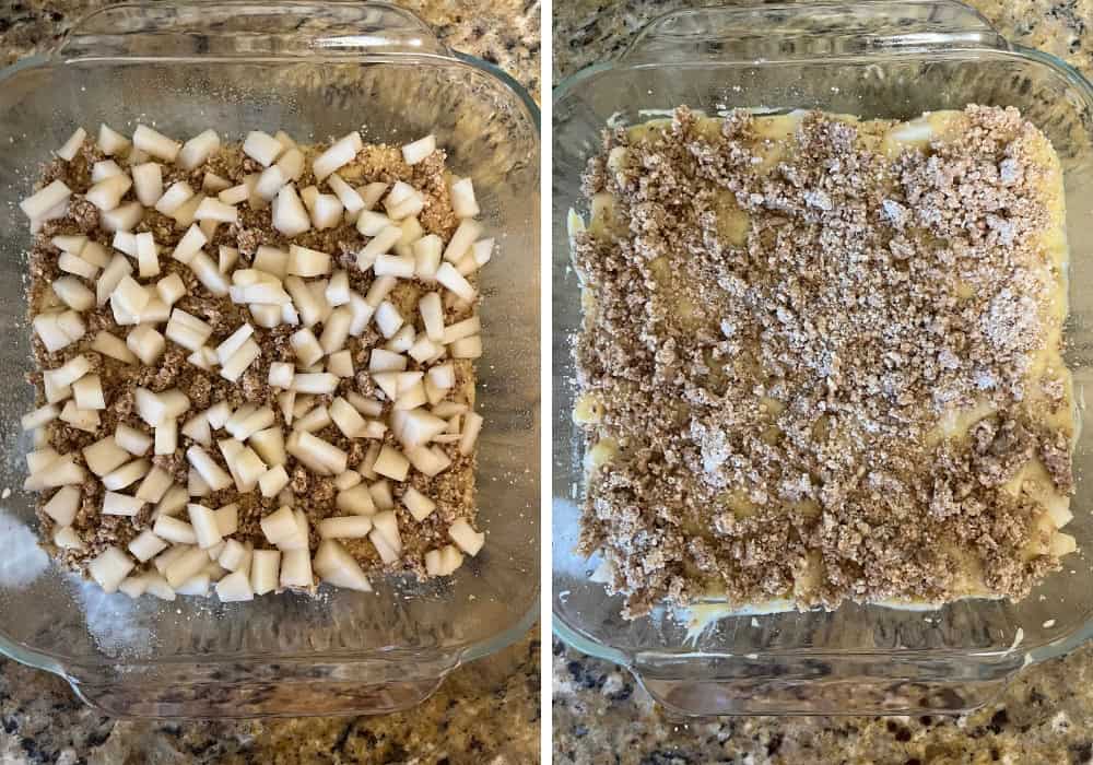 two photos; one shows the first layer of batter, streusel, and pears in a baking dish; the other shows the final layer of batter and streusel.