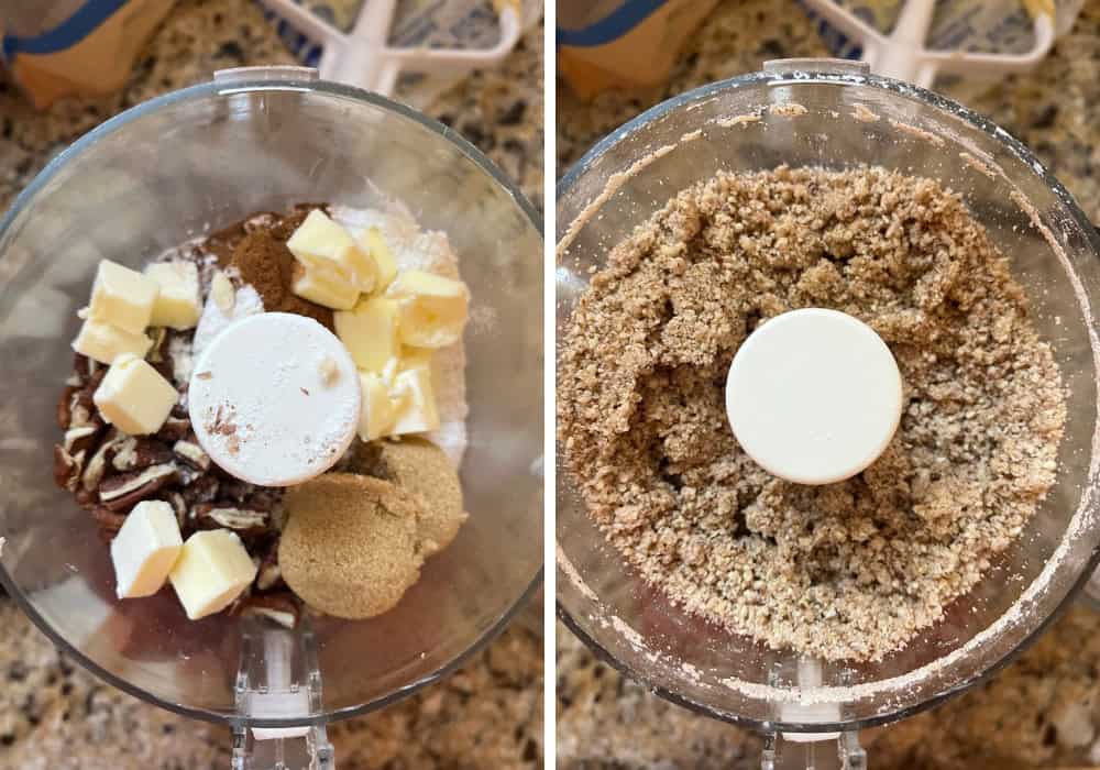 two photos; one shows ingredients for streusel in a food processor; the other shows the ingredients once they've been processed to crumbs.