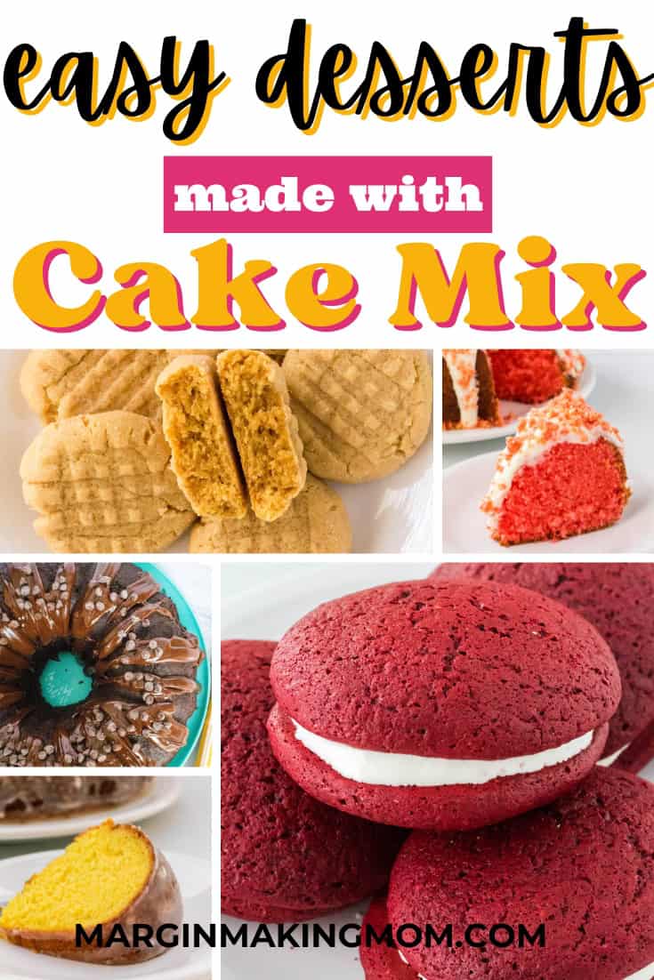 collage image featuring five photos of examples of cake mix recipes.