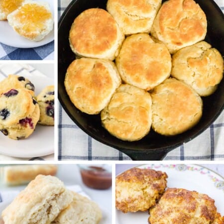 collage image featuring five different biscuit recipes.