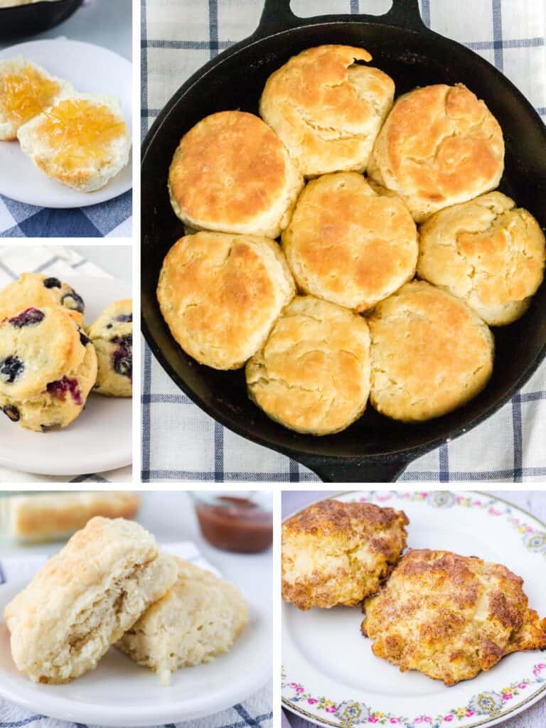 collage image featuring five different biscuit recipes.