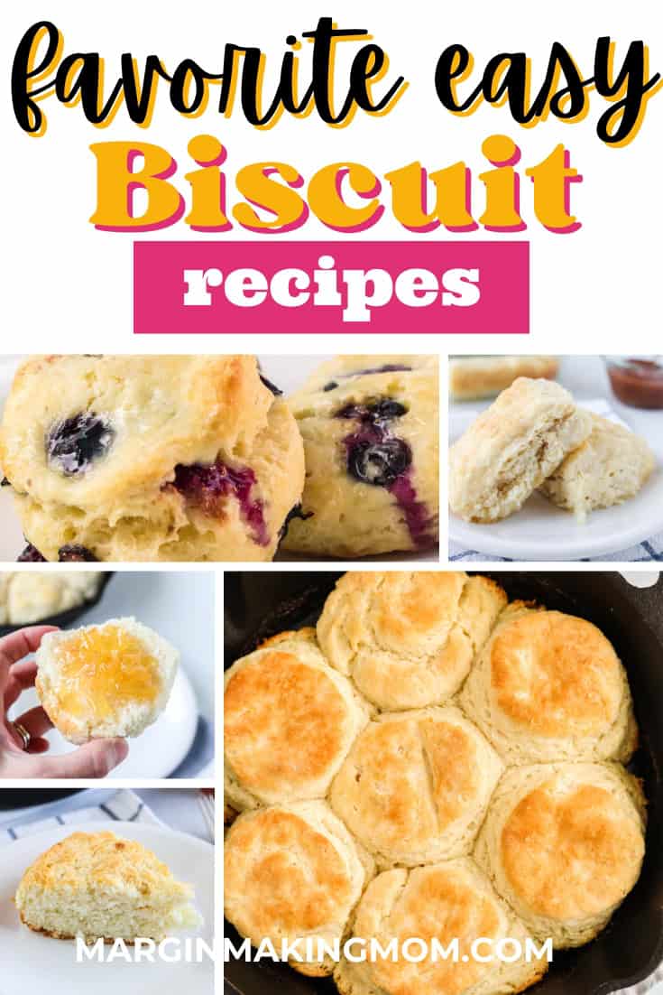collage image featuring five different biscuit recipes, each made with different ingredients and methods.