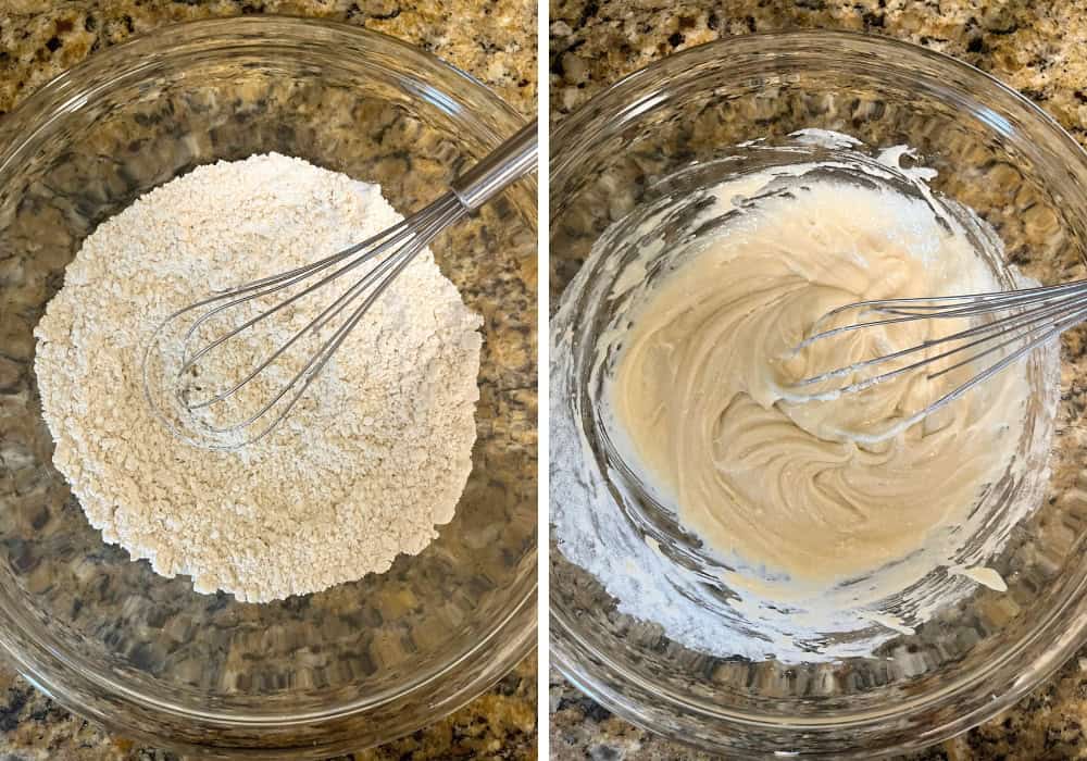 two photos; one shows Bisquick baking mix and sugar in a glass mixing bowl with a whisk. The other shows the cobbler batter after melted butter and milk were added to the Bisquick and sugar.