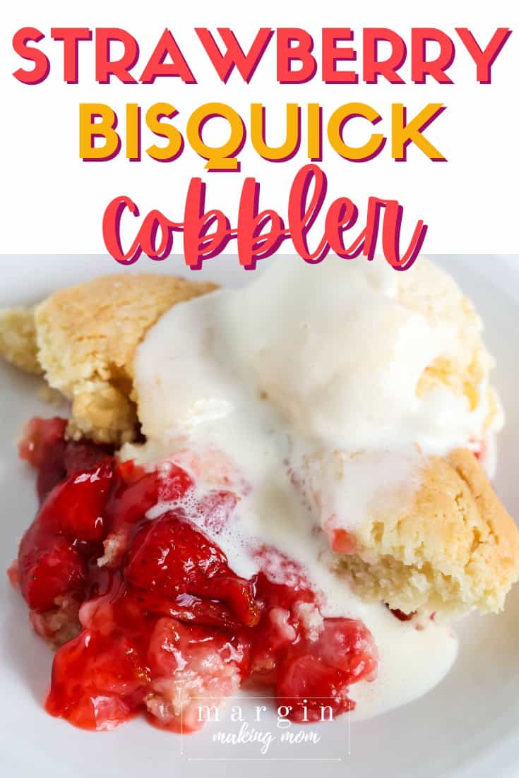 A serving of Bisquick strawberry cobbler on a white plate, topped with a scoop of vanilla ice cream.