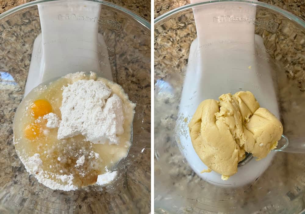 two photos; one shows ingredients for cake mix cookies in a glass mixing bowl; the other shows the ingredients combined into a soft cookie dough.