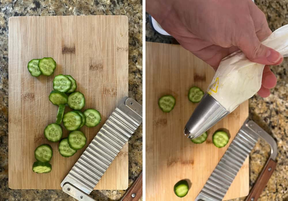 two photos; one shows a cutting board with sliced cucumbers and a crinkle cutter on it; the other shows a hand holding a piping bag of cream cheese.