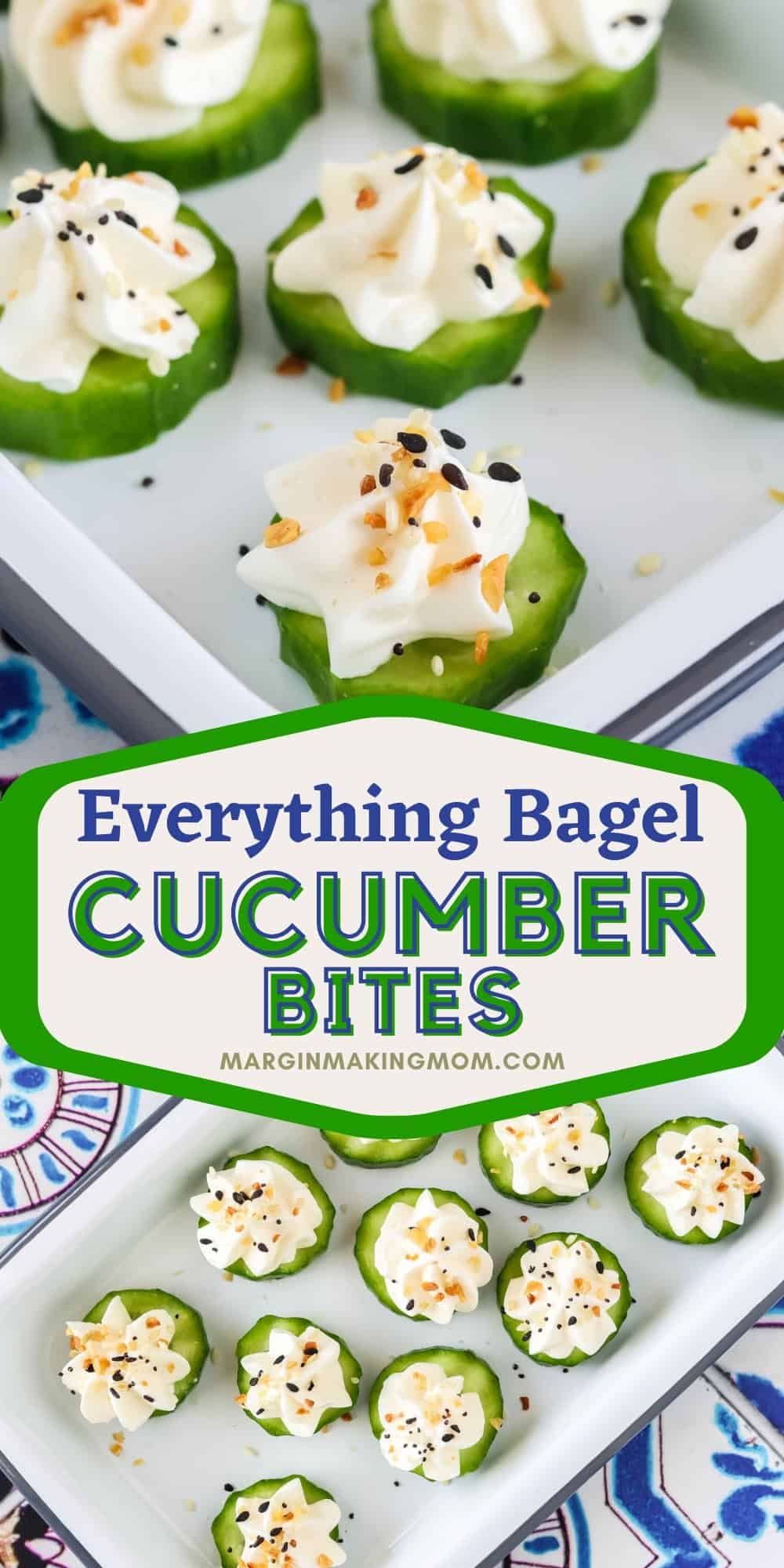 two photos; one shows a close-up view of a few cucumber cream cheese bites on a platter, the other shows an overhead view of the plate of the cucumber bites.