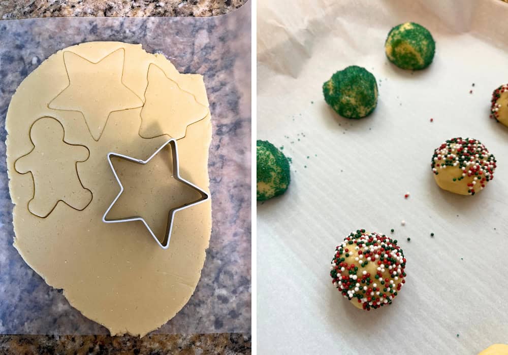 two photos; one shows cookie dough rolled out onto wax paper, where it's being cut into shapes. The other shows dough rolled into balls and covered with sprinkles.