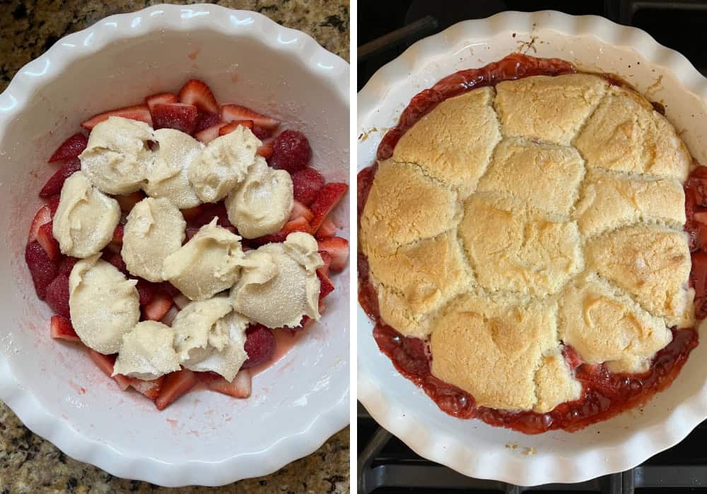 two photos; one shows scoops of cobbler batter on top of the macerated strawberries in the pie plate; the other shows the cobbler after baking.