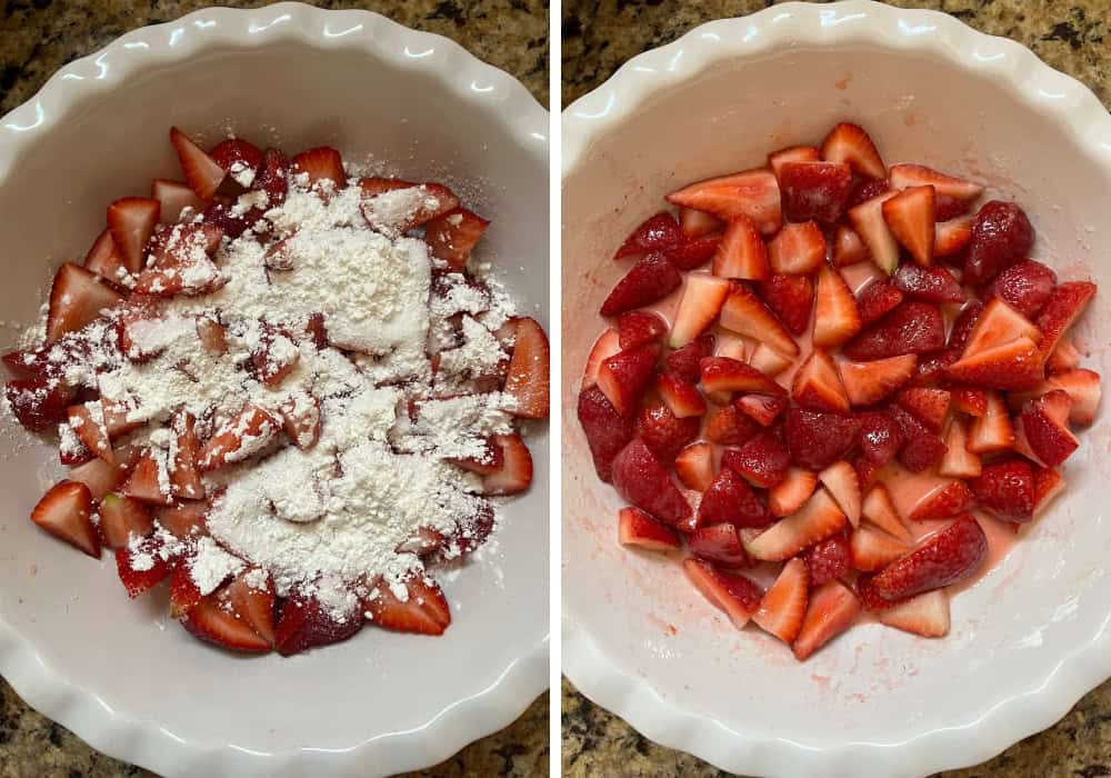 two photos; one shows fresh strawberries with sugar, cornstarch, and lemon juice, all in a pie plate. The other shows the mixture after the berries have macerated for several minutes.