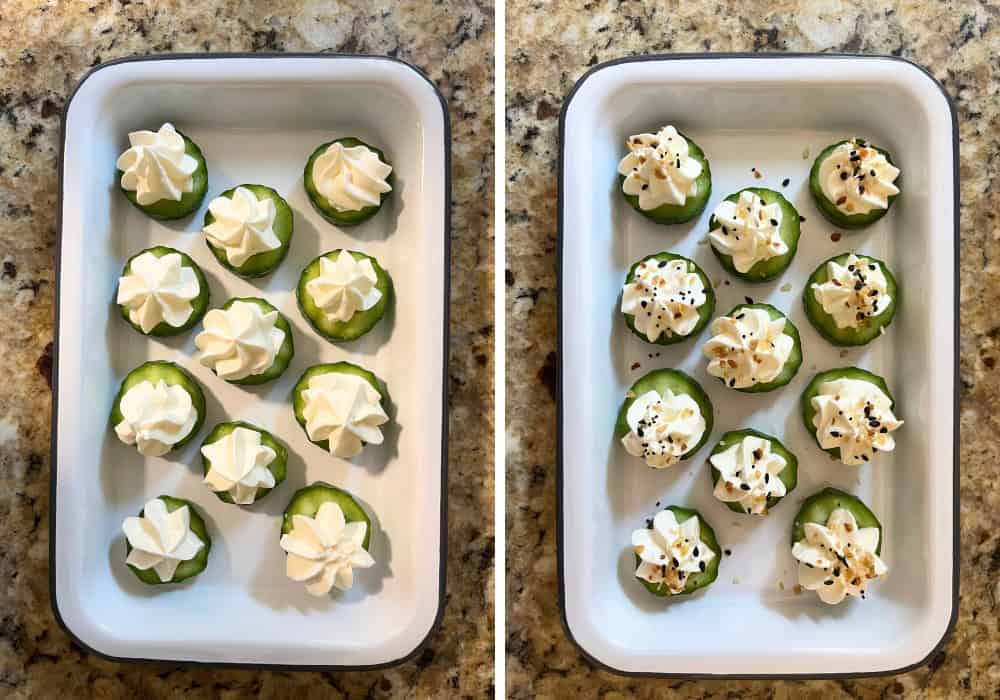 two photos; one shows cucumber bites topped with whipped cream cheese; the other shows everything bagel seasoning sprinkled over them.