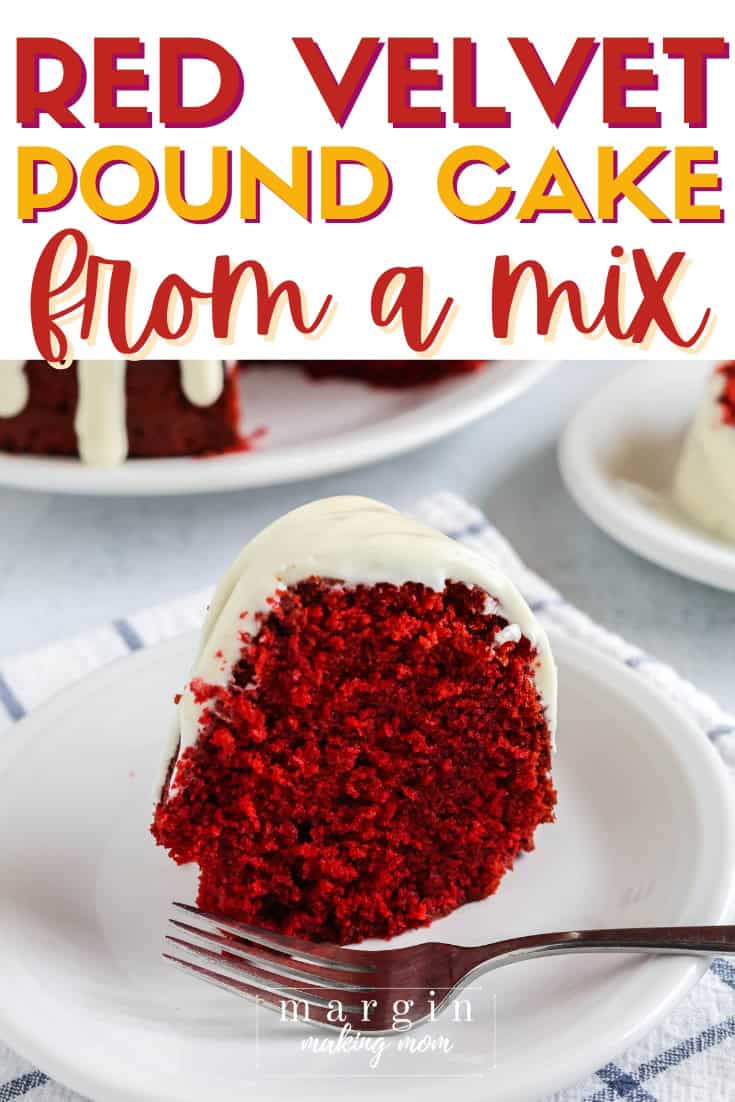 slice of red velvet pound cake upright on a white plate, with a fork on the plate next to the cake.