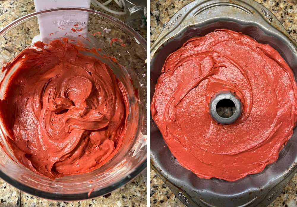 two photos; one shows red velvet pound cake batter in mixing bowl; the other shows the batter in prepared bundt pan.