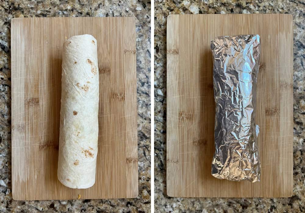 two photos; one shows the tortilla rolled up; the other shows it wrapped in foil for chilling.