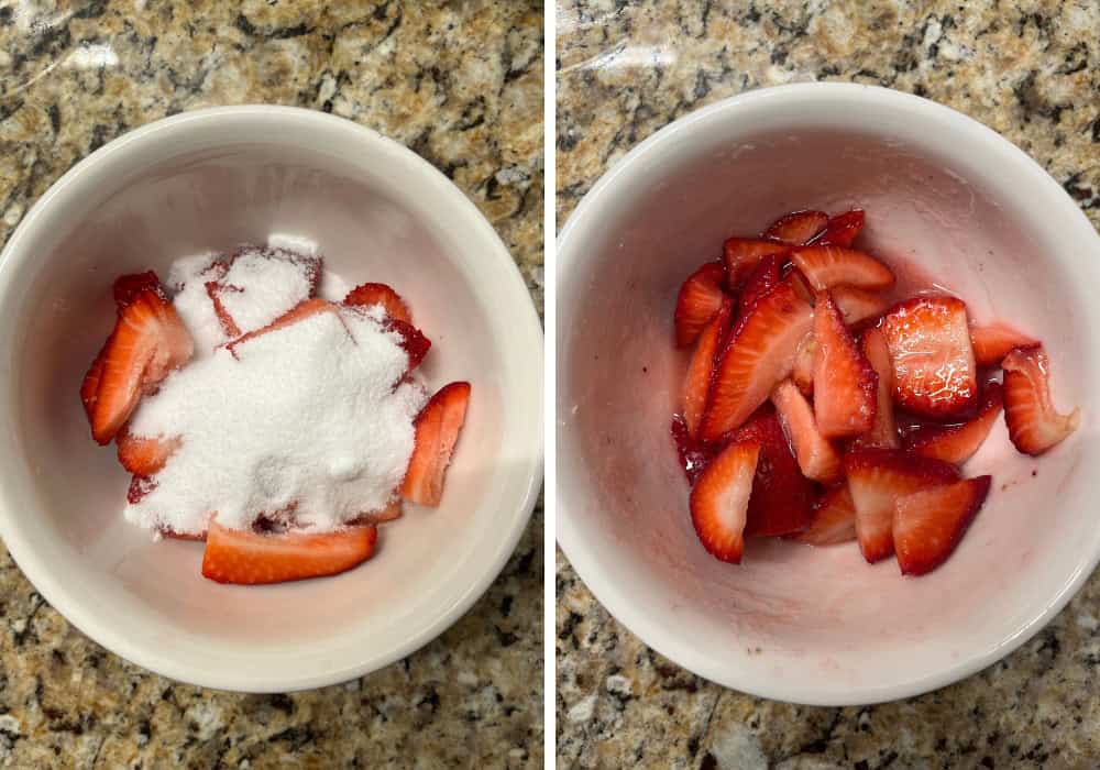 two photos; one shows sliced strawberrires and sugar in a bowl; the other shows them after macerating.