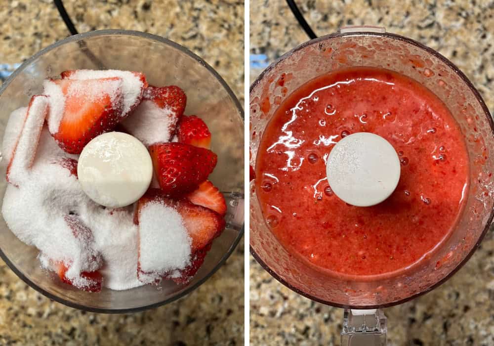 two photos; one shows strawberries, sugar,and lemon juice in a food processor; the other shows the resulting puree after pulsing.
