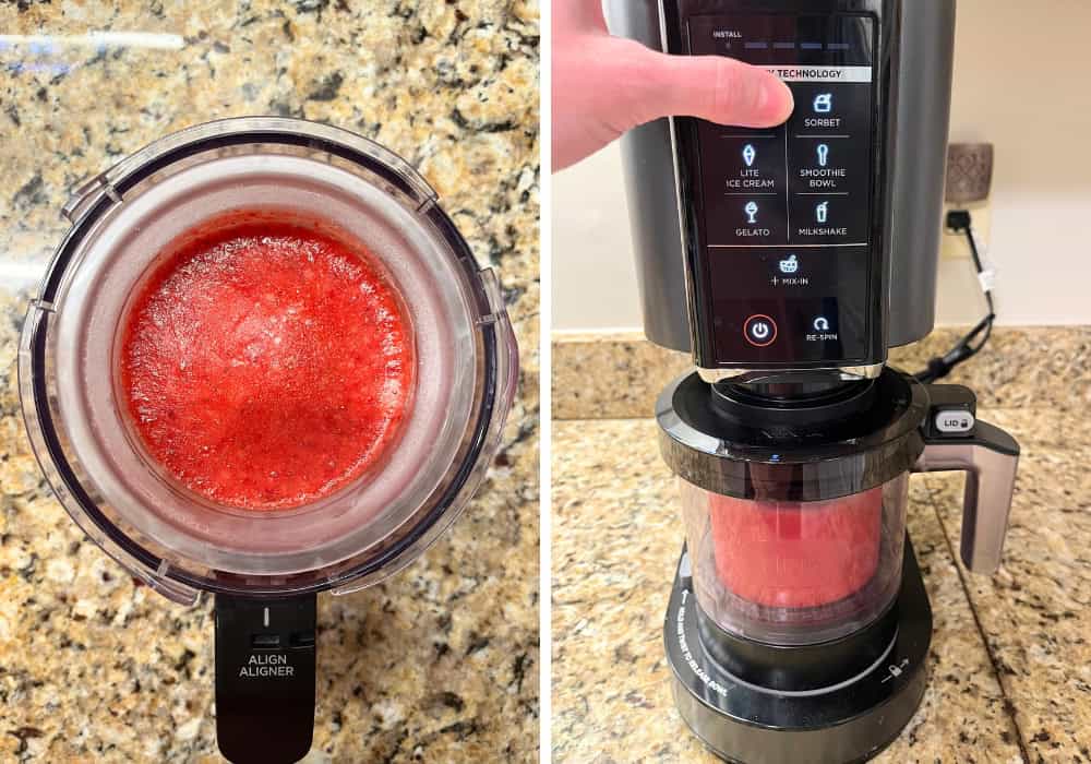 two photos; one shows the frozen base for strawberry sorbet in the ninja creami outer bowl; the other shows a finger pointing to the sorbet button on the machine.