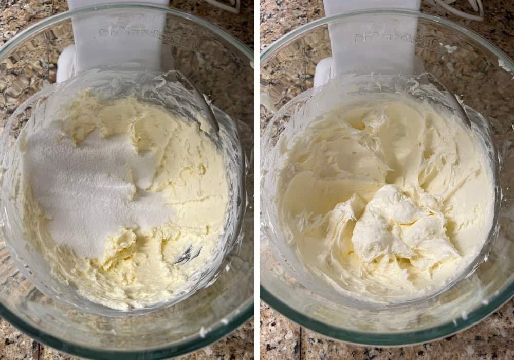 two photos; one shows butter, cream cheese, and sugar in a mixing bowl; the other shows those ingredients beaten together.