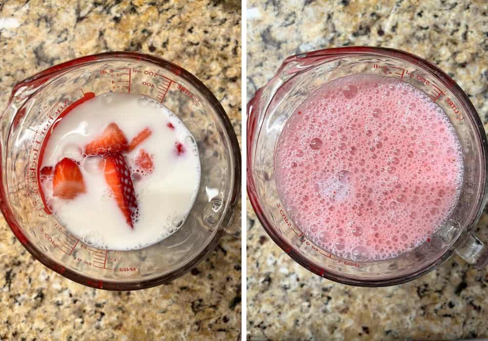 two photos; one shows macerated strawberries and milk in a measuring cup; the other shows them after being blended.
