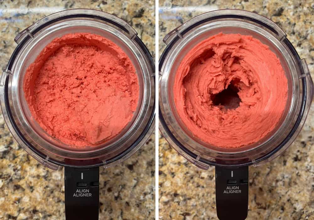 two photos; one shows crumbly-looking strawberry sorbet in a ninja creami pint container; the other shows the sorbet after a re-spin cycle, and it's more smooth.