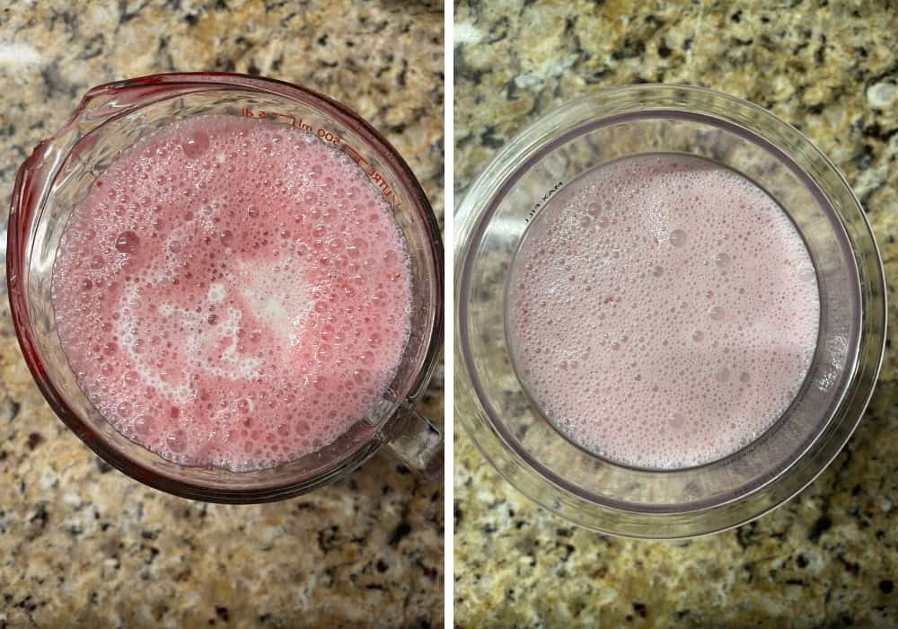 two photos; one shows heavy cream added to the strawberry milk mixture; the other shows the gelato base poured into a Ninja Creami pint container.
