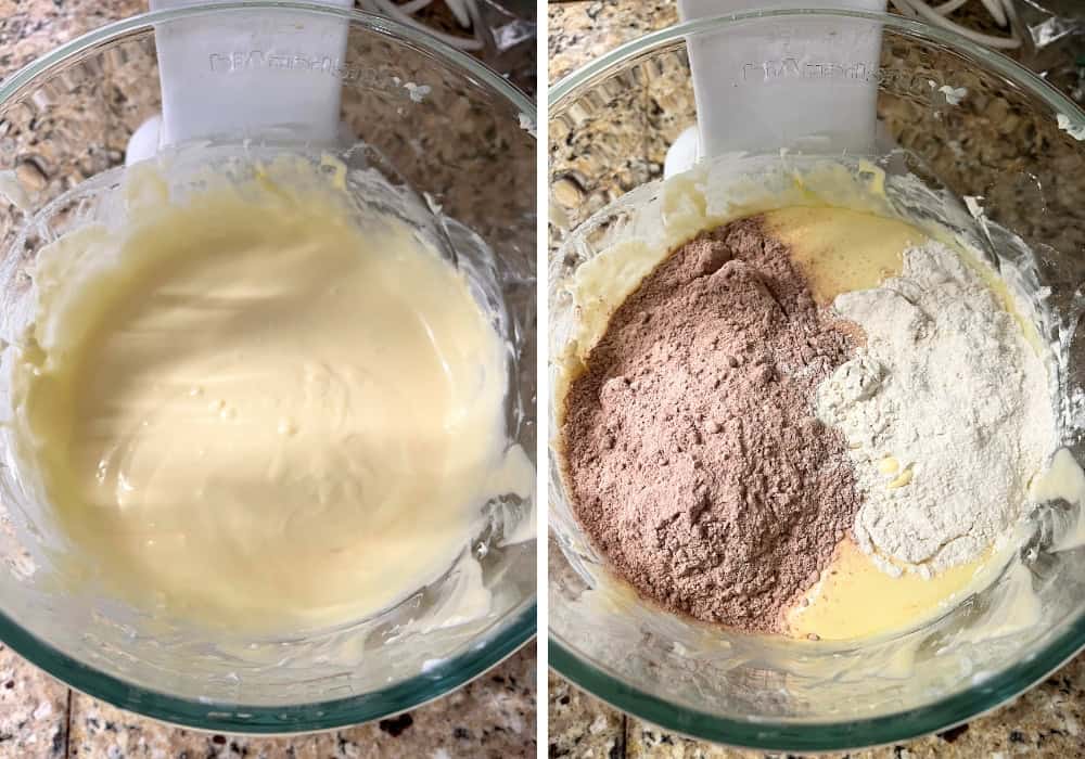 two photos; one shows batter after eggs have been mixed in; the other shows red velvet cake mix and flour added to the mixing bowl.