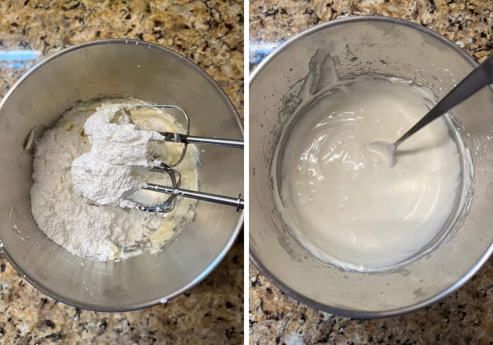 two photos; one shows cream cheese, butter, and powdered sugar in a small mixing bowl for preparing icing; the other shows milk added so the cream cheese icing is thin enough to be drizzled over the pound cake.