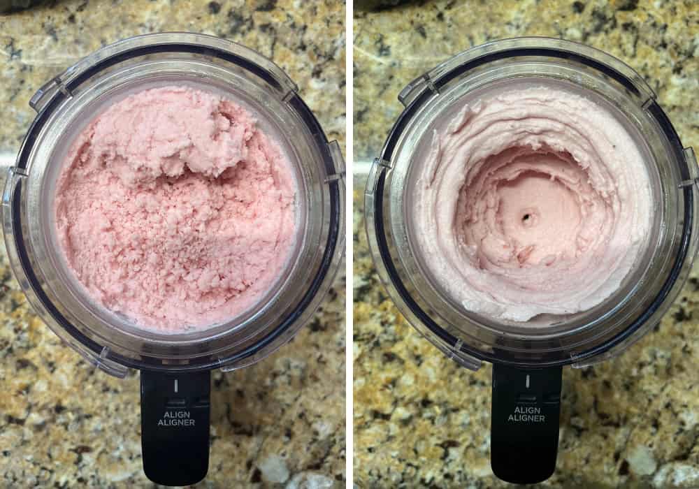 two photos; one shows the crumbly gelato after first spin in the ninja creami; the other shows the creamy gelato after a re-spin cycle.