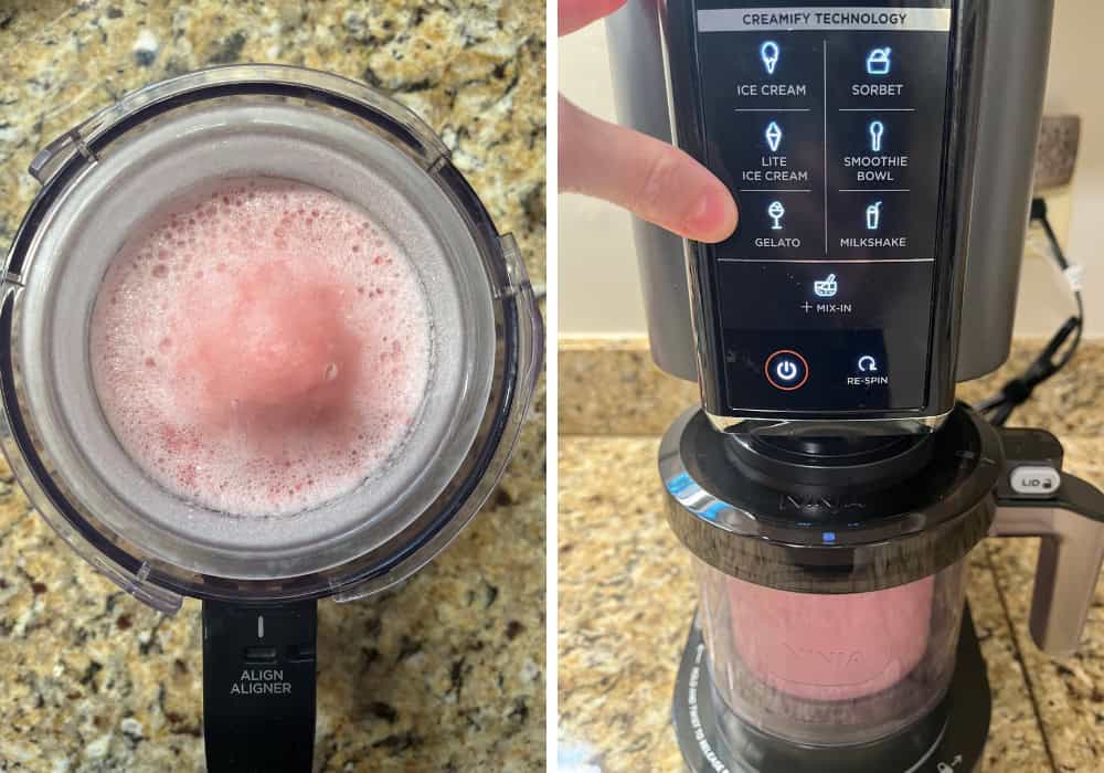 two photos; one shows frozen strawberry gelato base in the outer bowl of the Ninja Creami; the other shows it in the machine with a finger pointing to the gelato button.