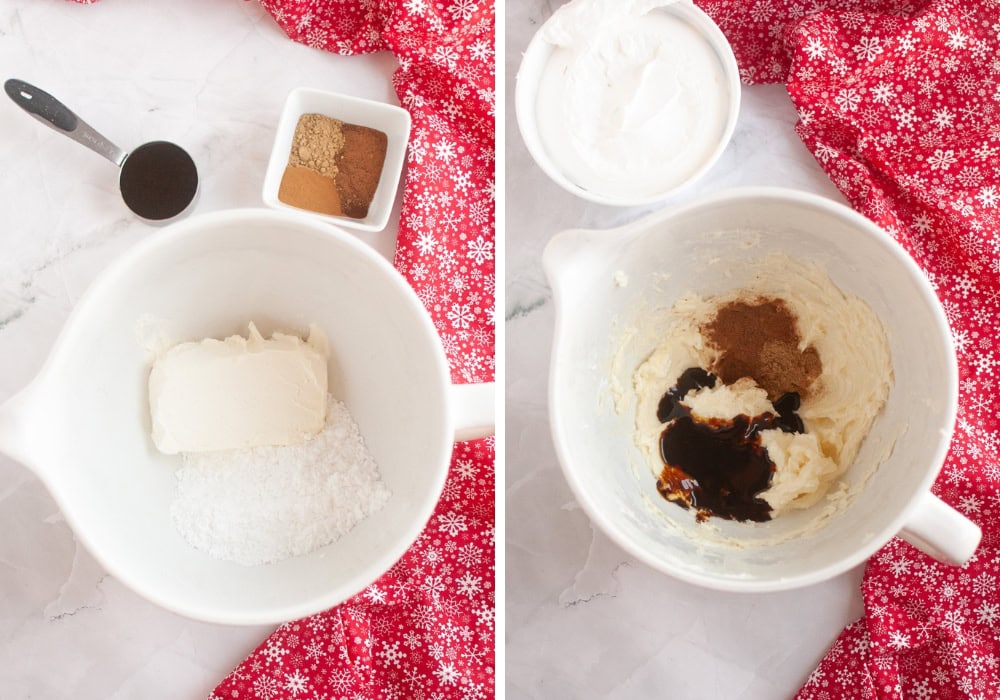 two photos; one shows a white mixing bowl with cream cheese and powdered sugar in it; the other shows molasses and spices added to the mixture.
