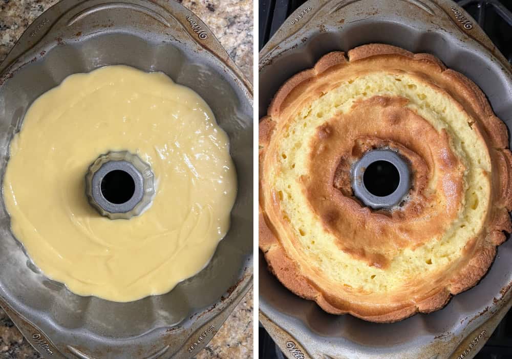 two photos; one shows lemon mayo cake batter in a bundt pan; the other shows the cake after baking, still in the pan.